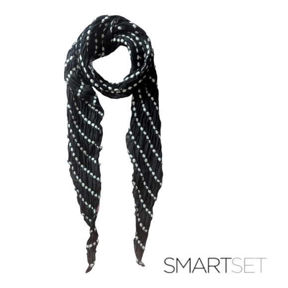 Black + White Wraparound Scarf; pointed ends & polka dots pattern throughout - Picture 1 of 4